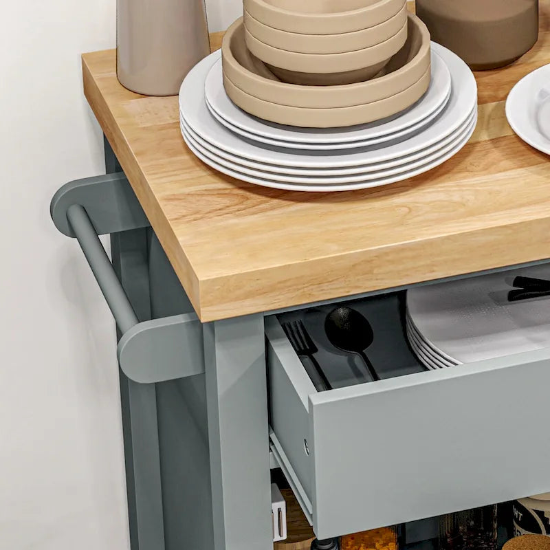 HOMCOM Utility Kitchen Cart, Rolling Kitchen Island with Smooth Rubberwood Top, Narrow Butcher Block Surface on Wheels
