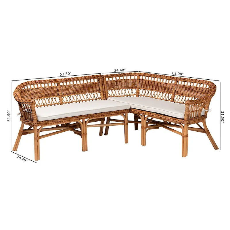 bali & pari Nella Modern Bohemian Natural Brown Rattan 2-Piece Dining Nook Banquette Set