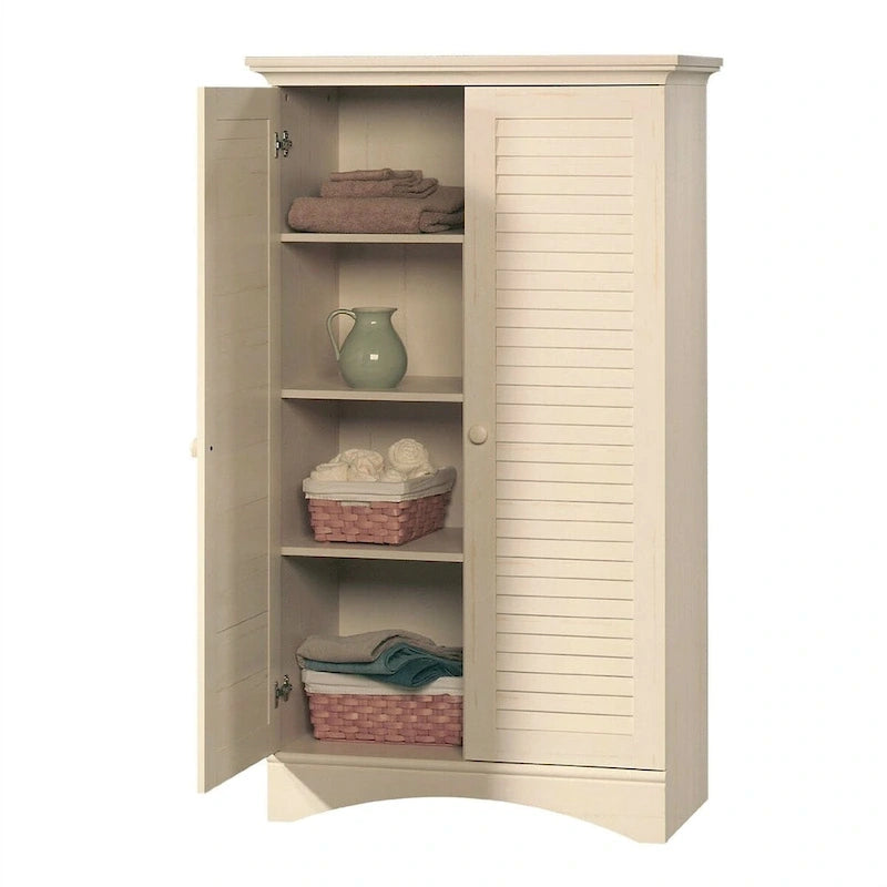 Vintage Antique White Wood Finish Wardrobe Armoire Storage Cabinet with Louver Doors - 35.4W x 16.8D x 61H