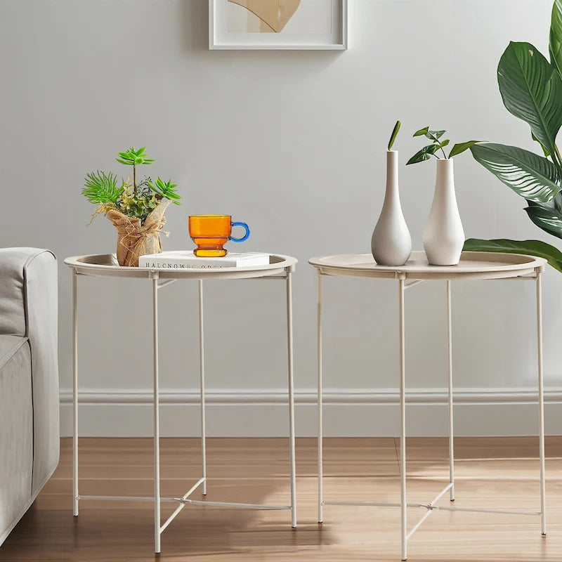 VECELO Side/End Table, Folding Round Metal Anti-Rust and Waterproof Outdoor for Living Room Bedroom,Nightstands