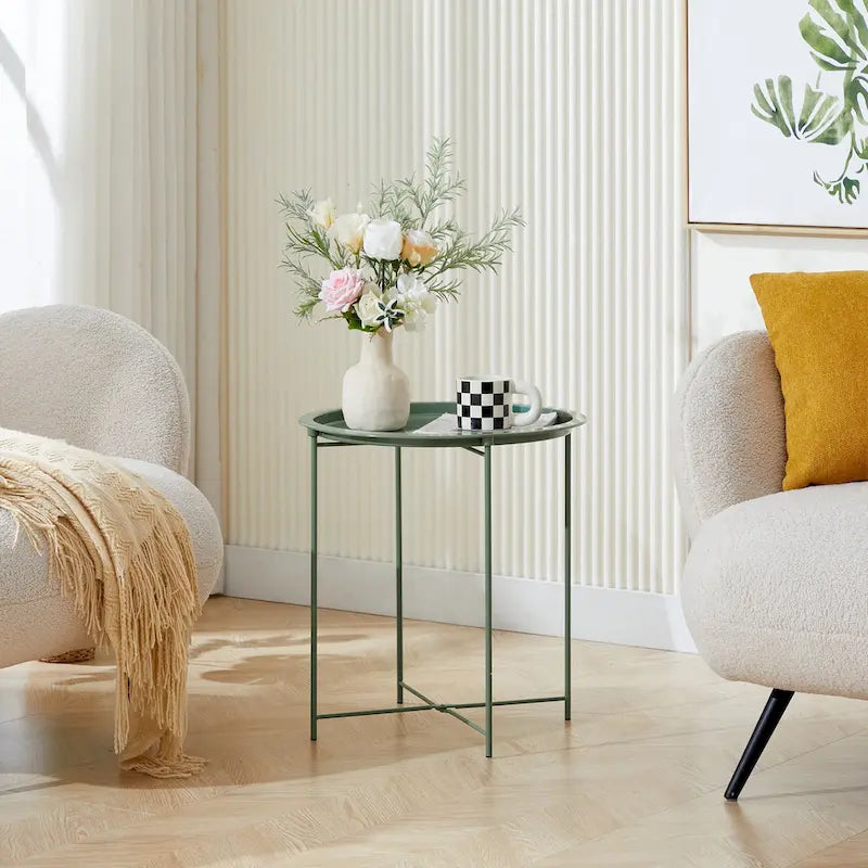 VECELO Side/End Table, Folding Round Metal Anti-Rust and Waterproof Outdoor for Living Room Bedroom,Nightstands