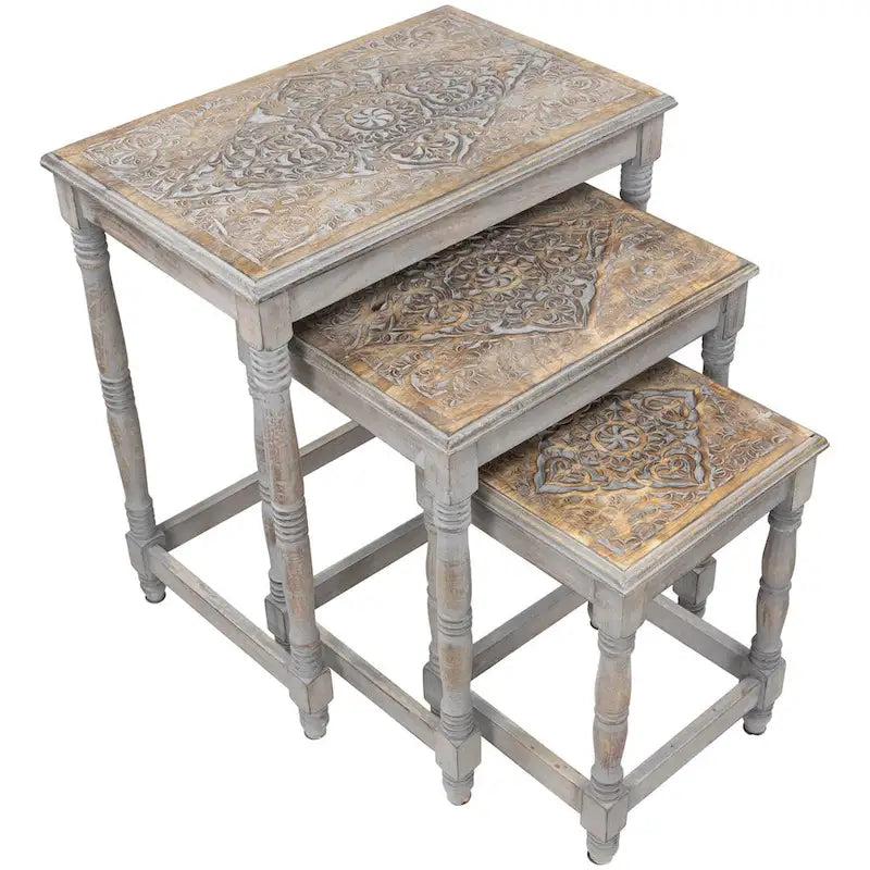 Set of 3 Matte Gray Etched Stackable Nesting Side Tables 24
