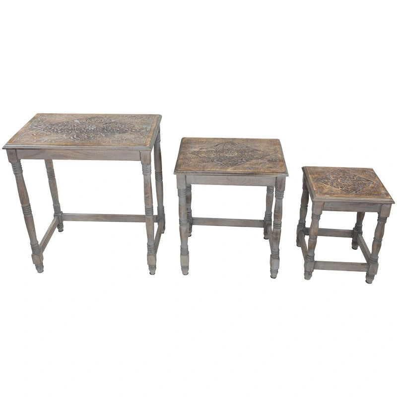 Set of 3 Matte Gray Etched Stackable Nesting Side Tables 24
