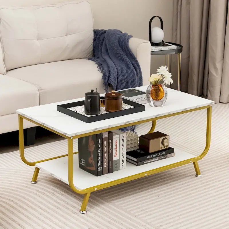Costway Coffee Table 2-Tier Modern Marble Coffee Table with Storage - See Details