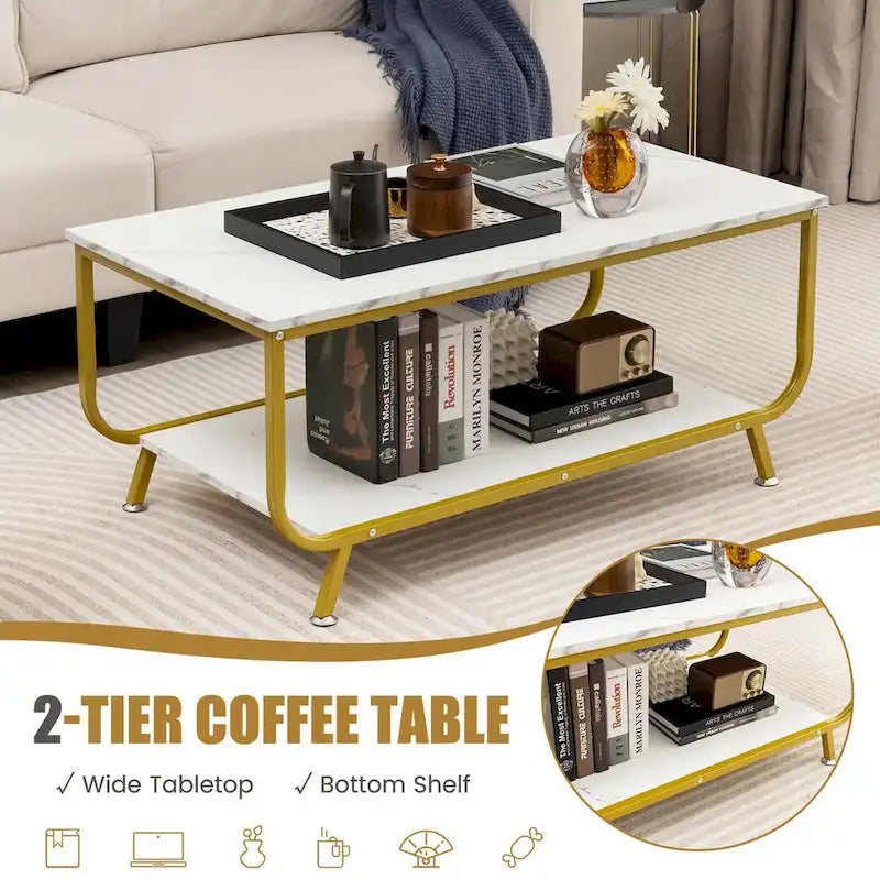 Costway Coffee Table 2-Tier Modern Marble Coffee Table with Storage - See Details