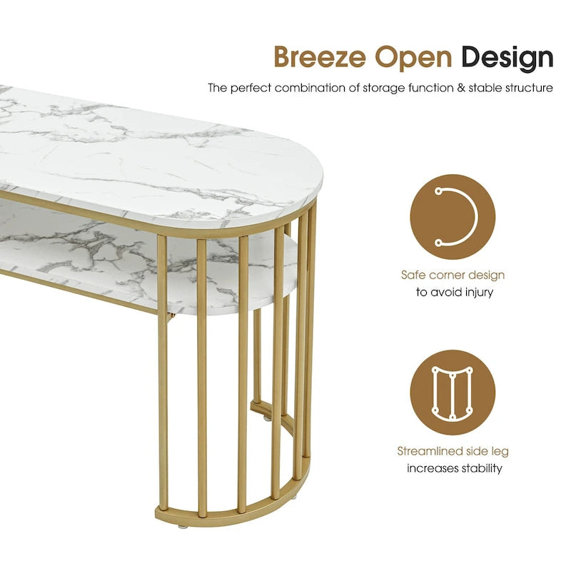 Ivinta White Sofa Table, Modern Faux Marble Top, Console Table with Gold Metal Frame