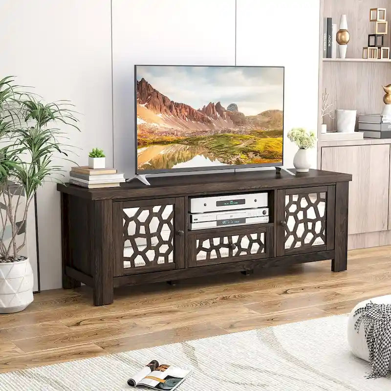Gymax 55 Retro TV Stand Media Entertainment Center w/ Mirror Doors &