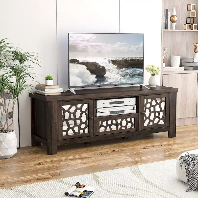 Gymax 55 Retro TV Stand Media Entertainment Center w/ Mirror Doors &