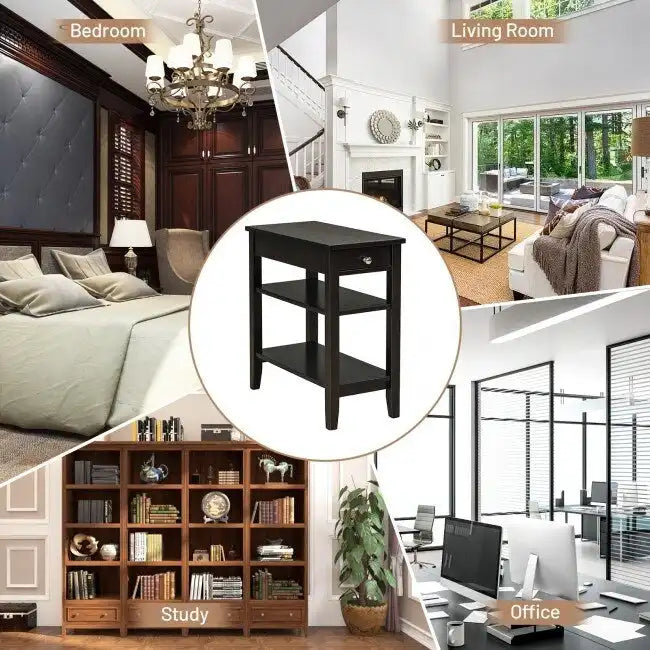 Space-Saving Side End Table with Drawer and 2-Tier Open Storage Shelves