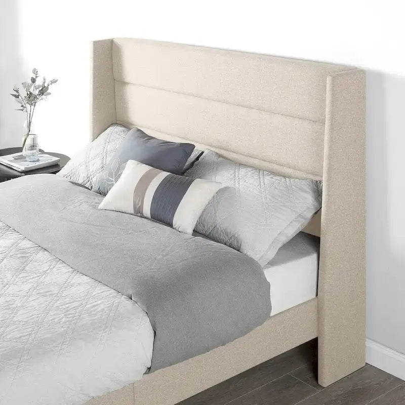 Beige Upholstered Platform Bed with Storage Ottoman By Crown Comfort