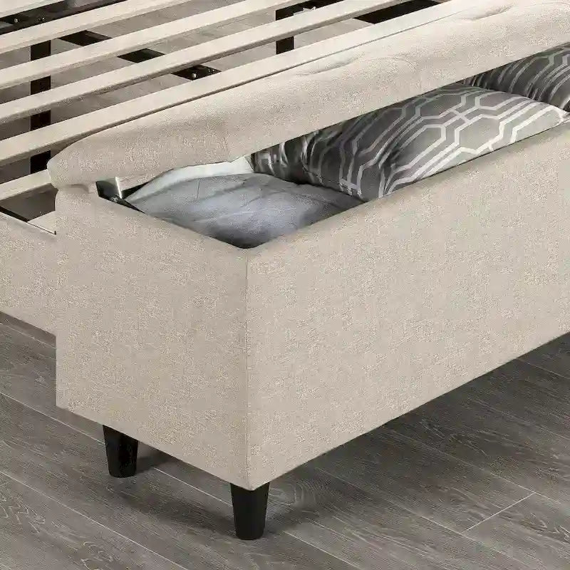 Beige Upholstered Platform Bed with Storage Ottoman By Crown Comfort
