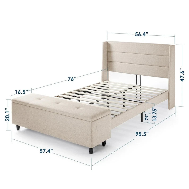 Beige Upholstered Platform Bed with Storage Ottoman By Crown Comfort