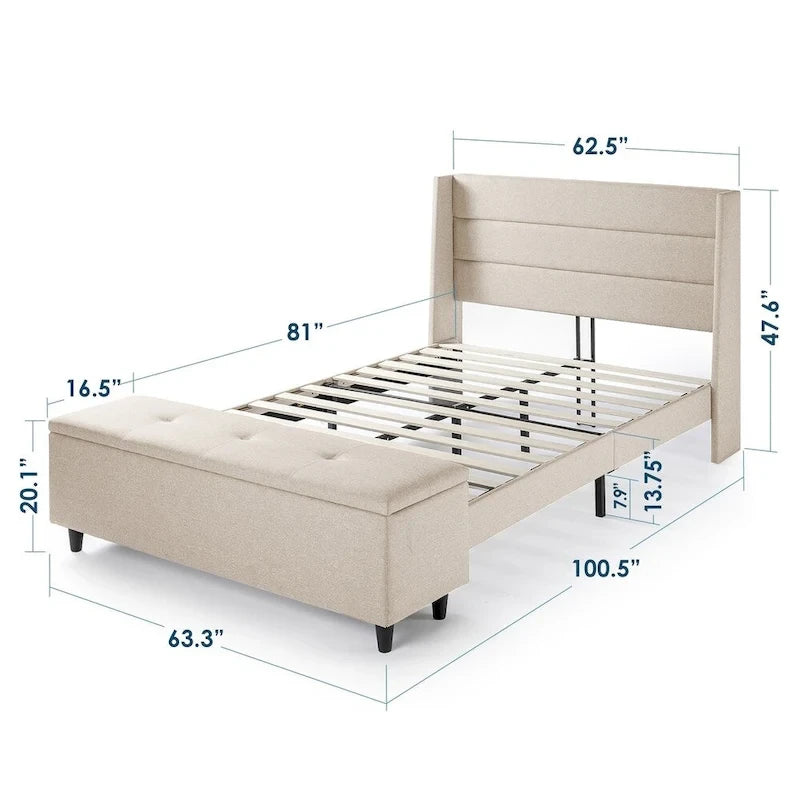 Beige Upholstered Platform Bed with Storage Ottoman By Crown Comfort
