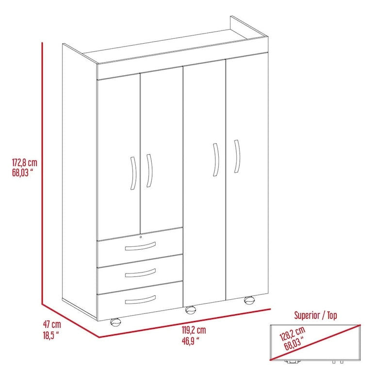 Denver Mobile Armoire with Rods, Double Door Cabinet, 3 Drawers, and 2 Shelves - N/A