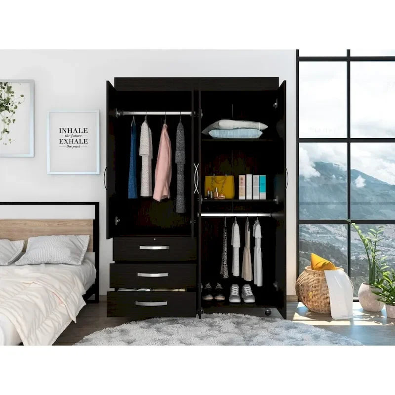 Denver Mobile Armoire with Rods, Double Door Cabinet, 3 Drawers, and 2 Shelves - N/A