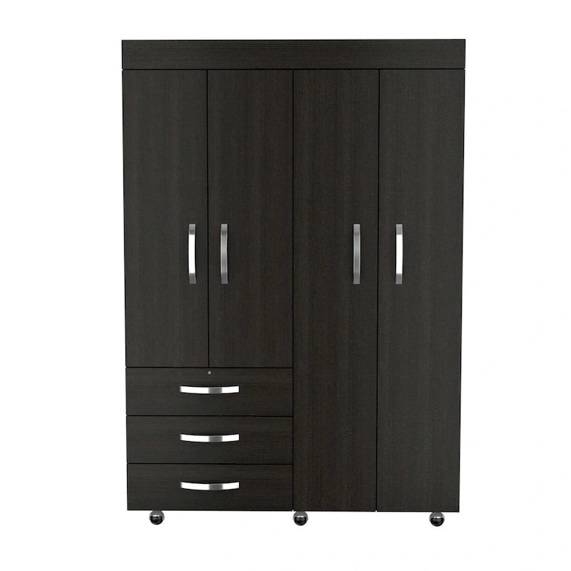 Denver Mobile Armoire with Rods, Double Door Cabinet, 3 Drawers, and 2 Shelves - N/A