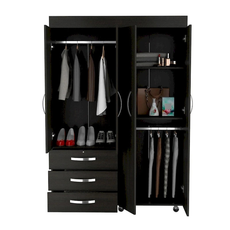 Denver Mobile Armoire with Rods, Double Door Cabinet, 3 Drawers, and 2 Shelves - N/A