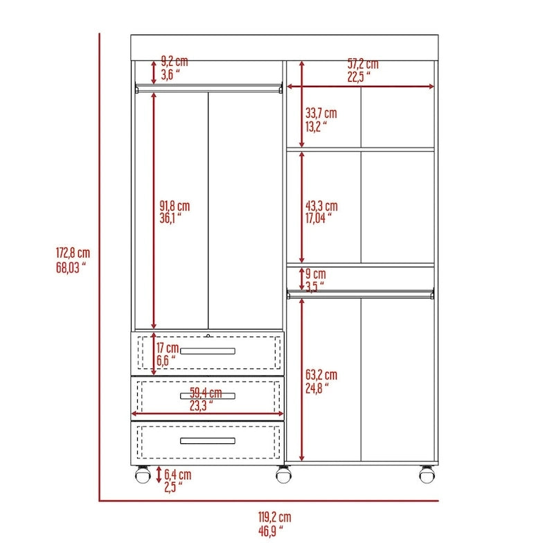 Denver Mobile Armoire with Rods, Double Door Cabinet, 3 Drawers, and 2 Shelves - N/A
