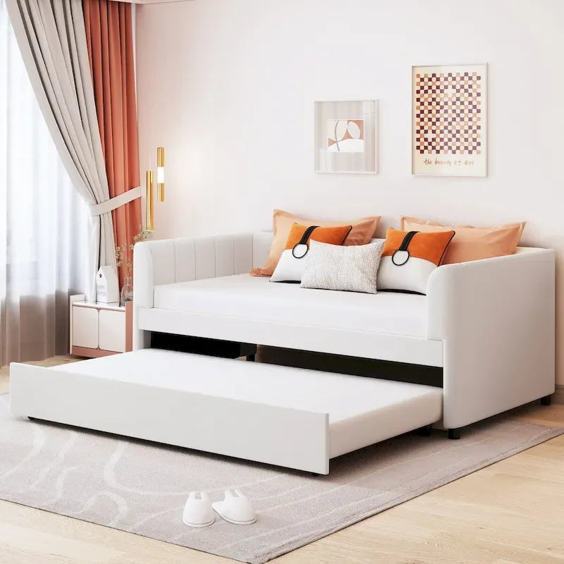 Twin Size Upholstered Daybed with Ergonomic Design Backrest and Trundle