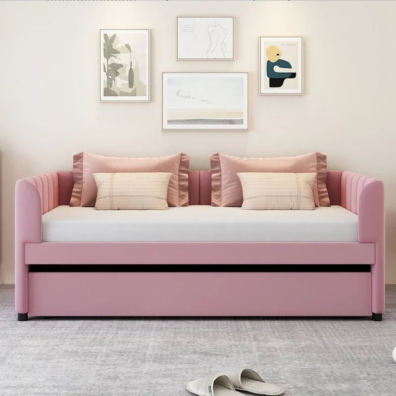 Twin Size Upholstered Daybed with Ergonomic Design Backrest and Trundle