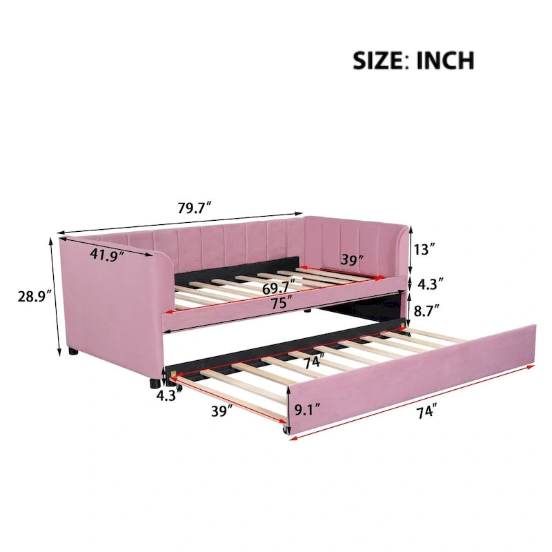 Twin Size Upholstered Daybed with Ergonomic Design Backrest and Trundle