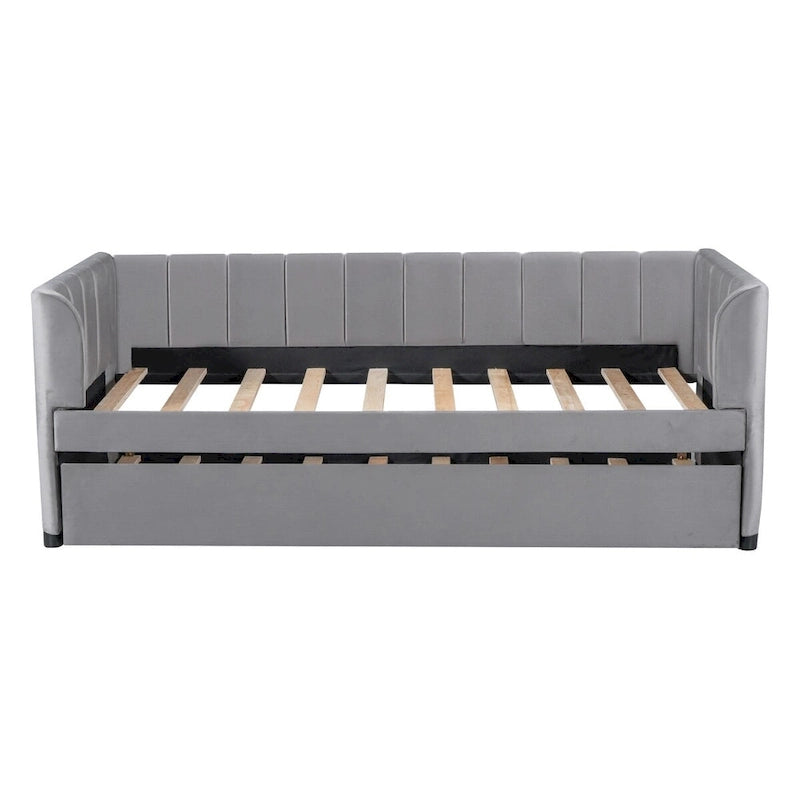 Twin Size Upholstered Daybed with Ergonomic Design Backrest and Trundle