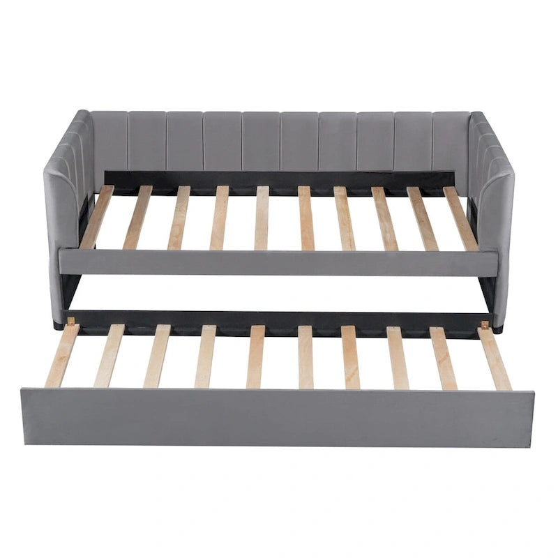 Twin Size Upholstered Daybed with Ergonomic Design Backrest and Trundle