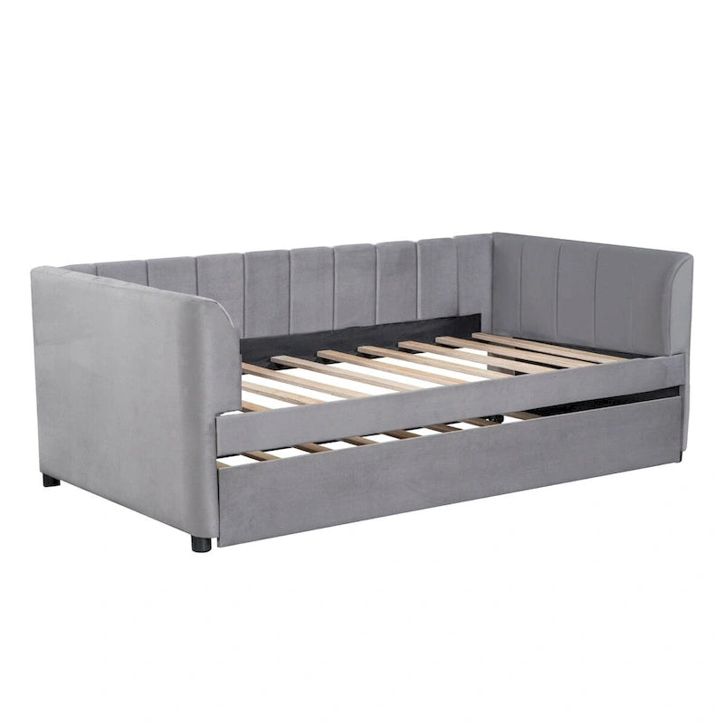 Twin Size Upholstered Daybed with Ergonomic Design Backrest and Trundle