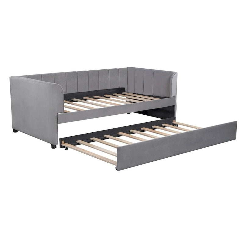 Twin Size Upholstered Daybed with Ergonomic Design Backrest and Trundle