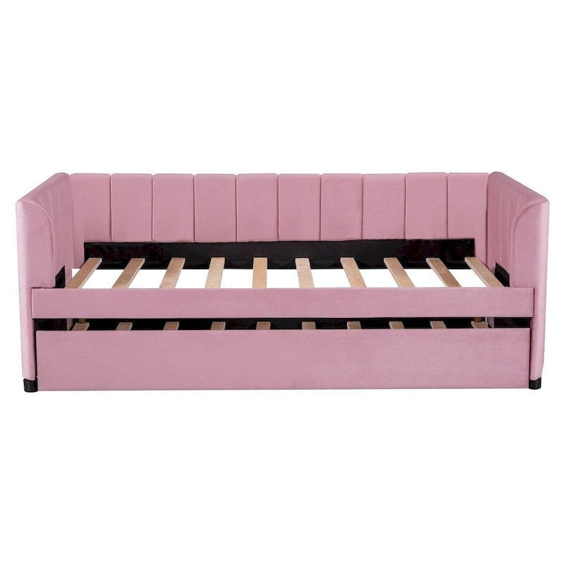 Twin Size Upholstered Daybed with Ergonomic Design Backrest and Trundle