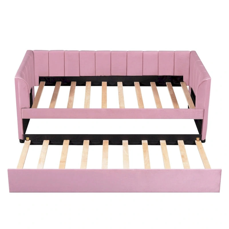 Twin Size Upholstered Daybed with Ergonomic Design Backrest and Trundle