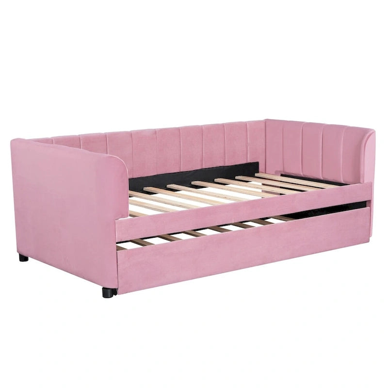 Twin Size Upholstered Daybed with Ergonomic Design Backrest and Trundle