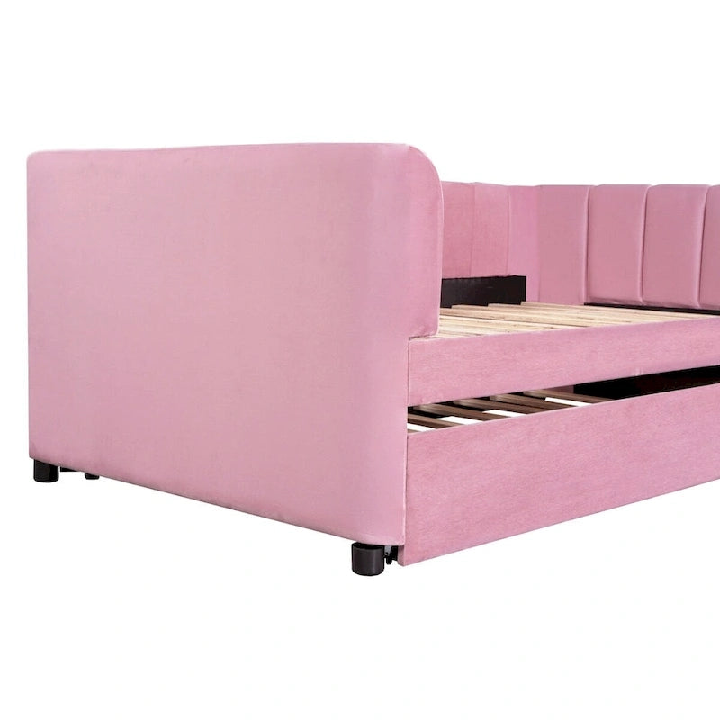 Twin Size Upholstered Daybed with Ergonomic Design Backrest and Trundle