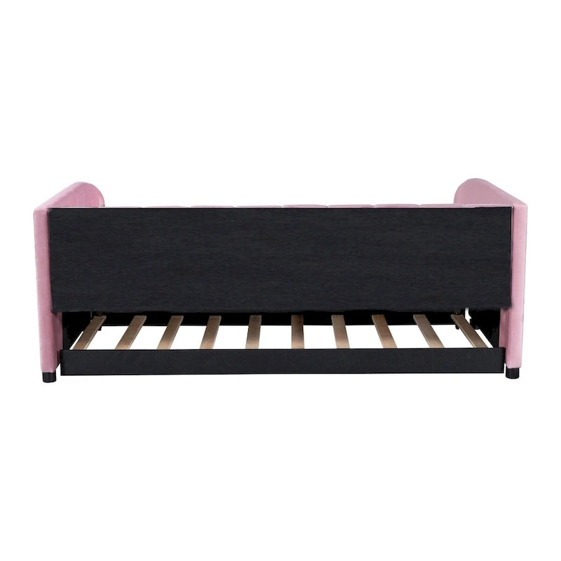 Twin Size Upholstered Daybed with Ergonomic Design Backrest and Trundle