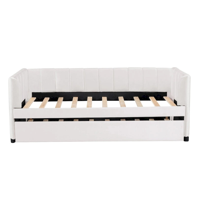 Twin Size Upholstered Daybed with Ergonomic Design Backrest and Trundle