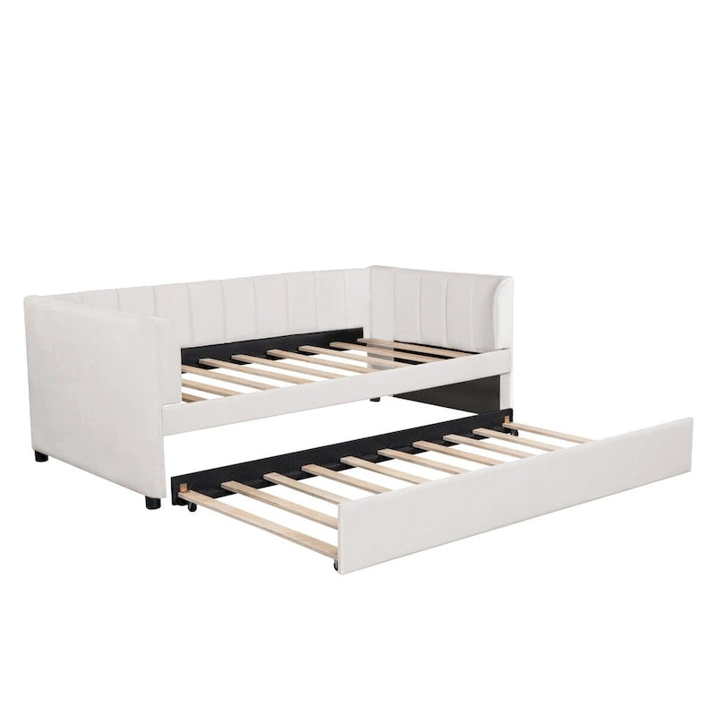 Twin Size Upholstered Daybed with Ergonomic Design Backrest and Trundle