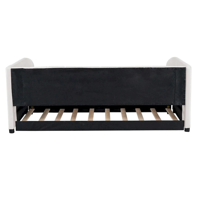 Twin Size Upholstered Daybed with Ergonomic Design Backrest and Trundle
