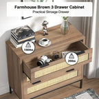 Anmytek Modern 3-Drawer Brown Dresser Rattan Chest of Drawers Storage Cabinet for Bedroom