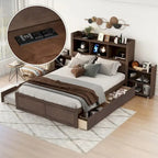 Merax Full Size Storage Platform Bed with Pull Out Shelves, Twin Size Trundle and 2 Drawers