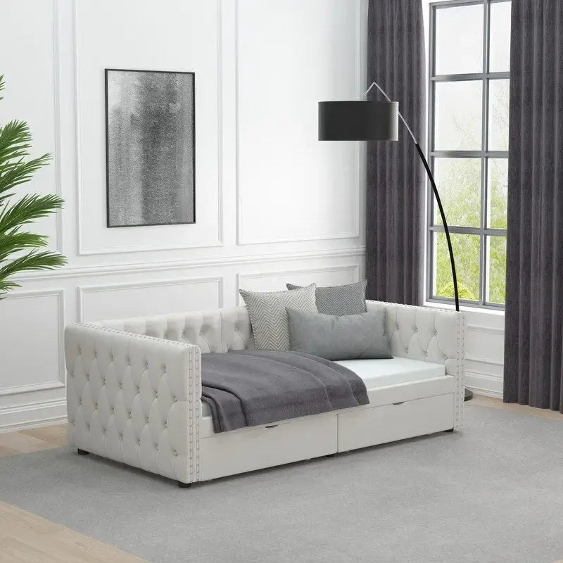 Twin Size Upholstered Tufted Daybed with Drawers,Button and Copper Nail