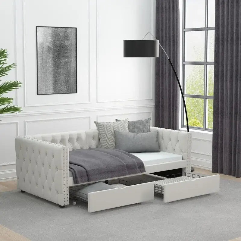 Twin Size Upholstered Tufted Daybed with Drawers,Button and Copper Nail
