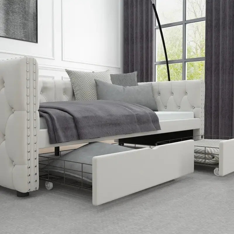 Twin Size Upholstered Tufted Daybed with Drawers,Button and Copper Nail