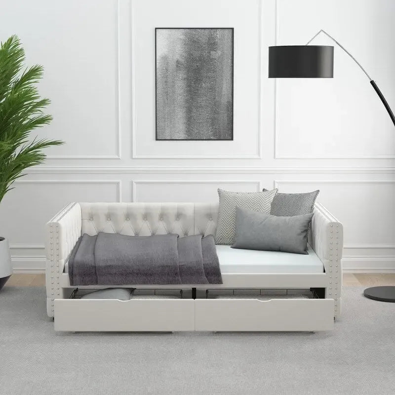Twin Size Upholstered Tufted Daybed with Drawers,Button and Copper Nail