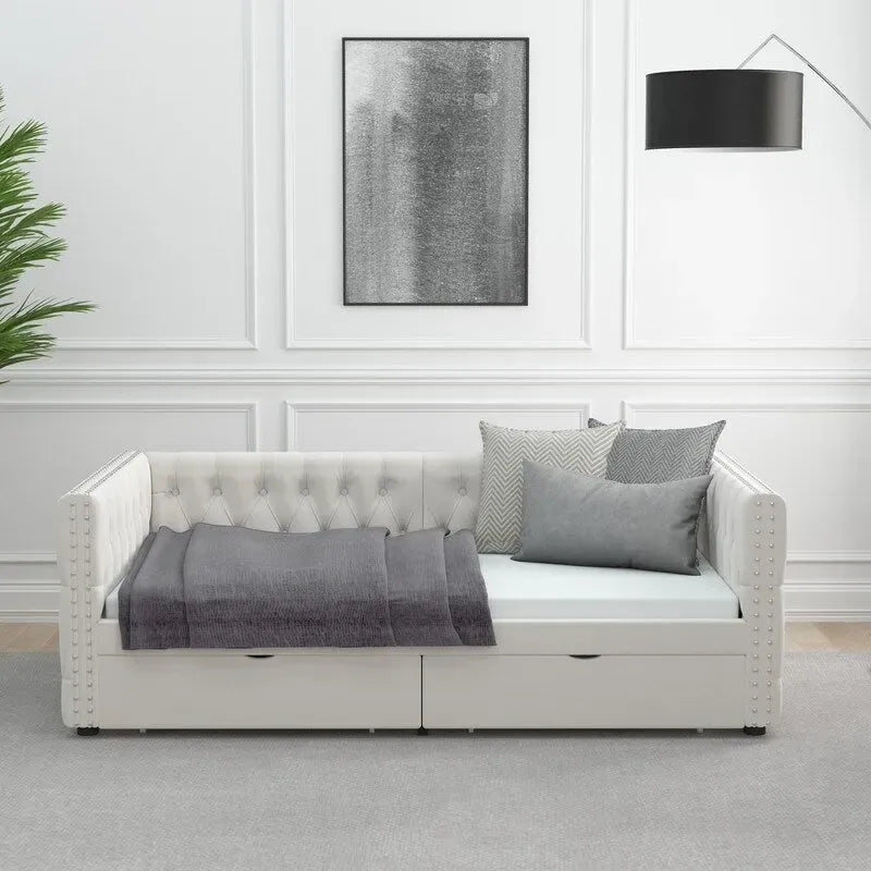 Twin Size Upholstered Tufted Daybed with Drawers,Button and Copper Nail