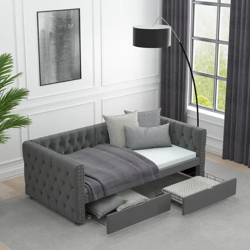 Twin Size Upholstered Tufted Daybed with Drawers,Button and Copper Nail