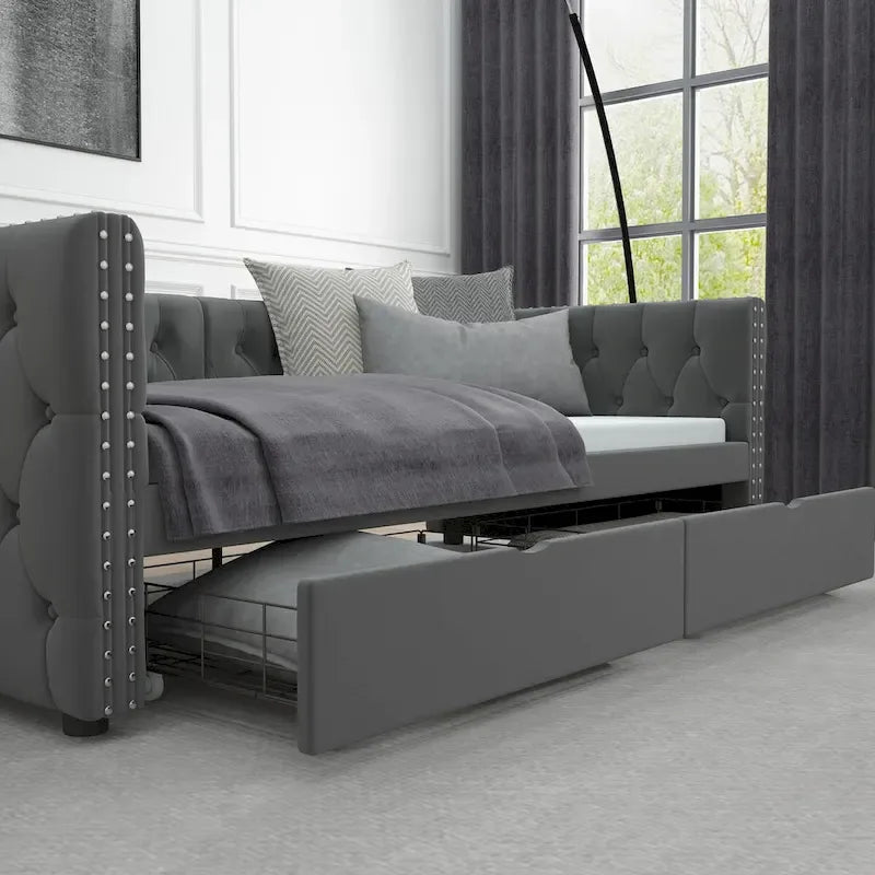 Twin Size Upholstered Tufted Daybed with Drawers,Button and Copper Nail