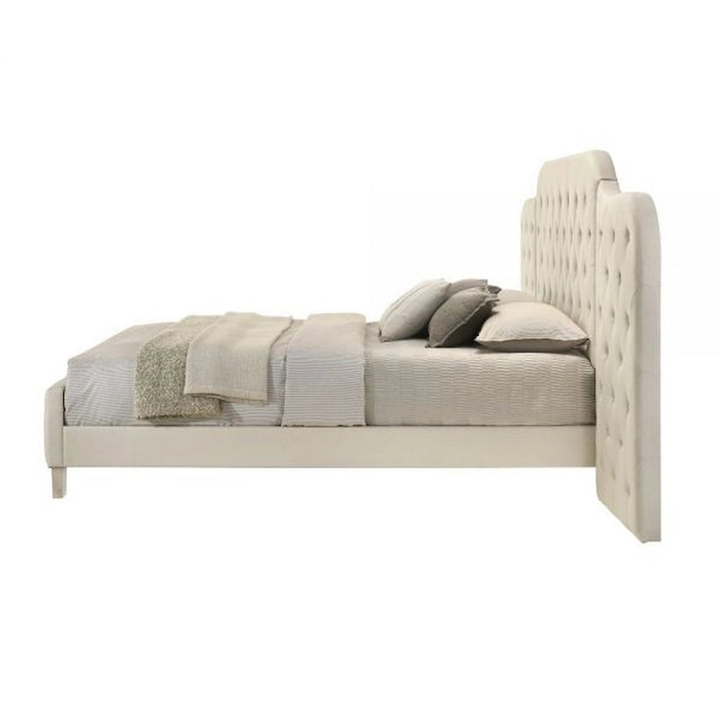 Ronny Inch Queen Size Bed, Wall Headboard, Beige Linen Tufted Upholstery