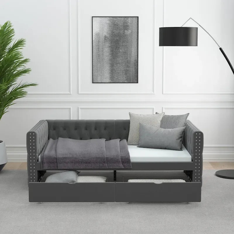 Twin Size Daybed with Drawers Upholstered Tufted Sofa Bed