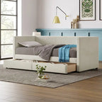 Twin Size Corduroy Upholstered Daybed with Two Storage Drawers and Wood Slat Frame & Headboard, No Box Spring Needed
