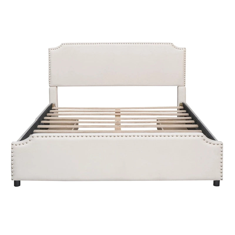 Velvet Fabric Upholstered Platform Bed with Stud Trim Headboard and Footboard and 4 Drawers No Box Spring Needed